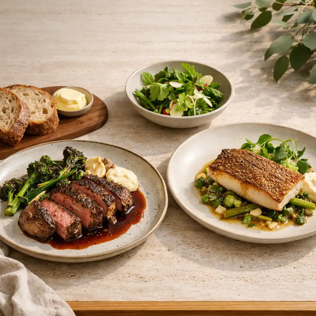Wood-fired steak and crispy-skin barramundi presented on a light stone bistro table