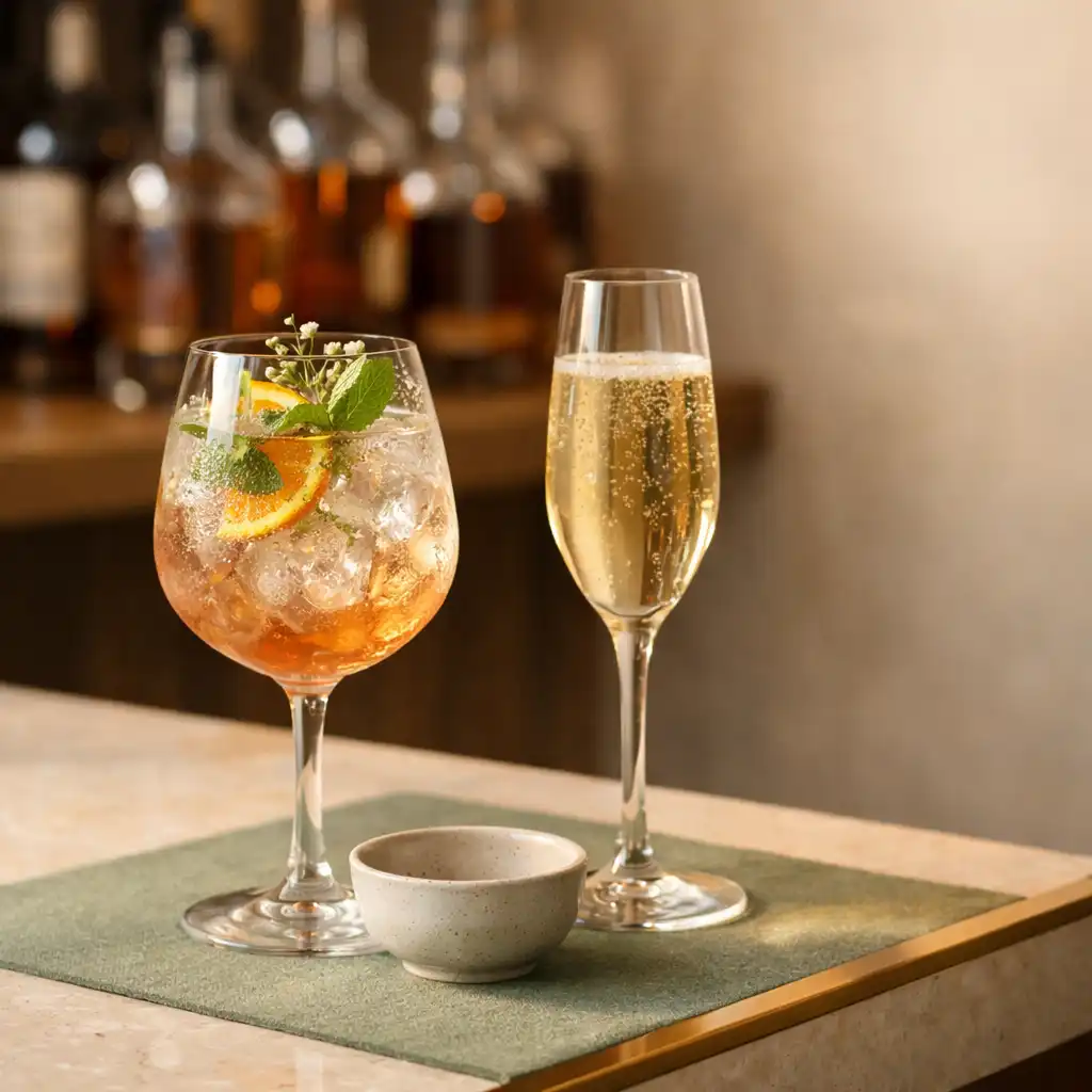 A botanical spritz and sparkling wine in a bright contemporary bar setting