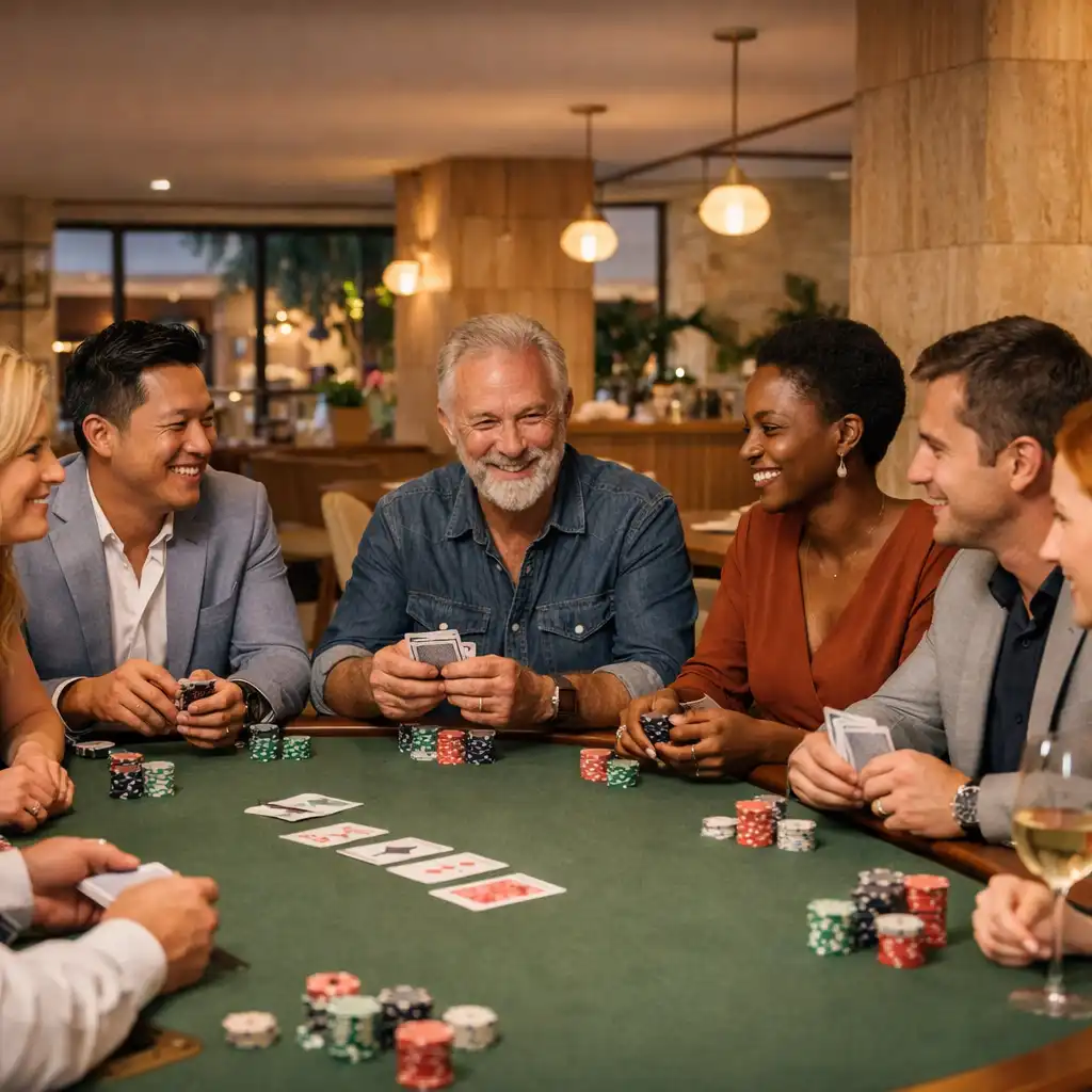 Adult colleagues and a dealer-host gathered around a sage felt poker table