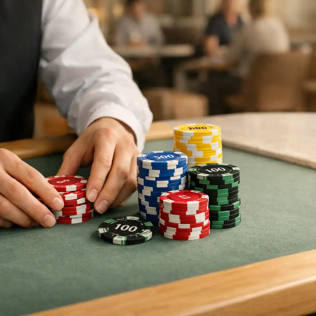 Dealer arranging ceramic tournament chips on muted sage felt