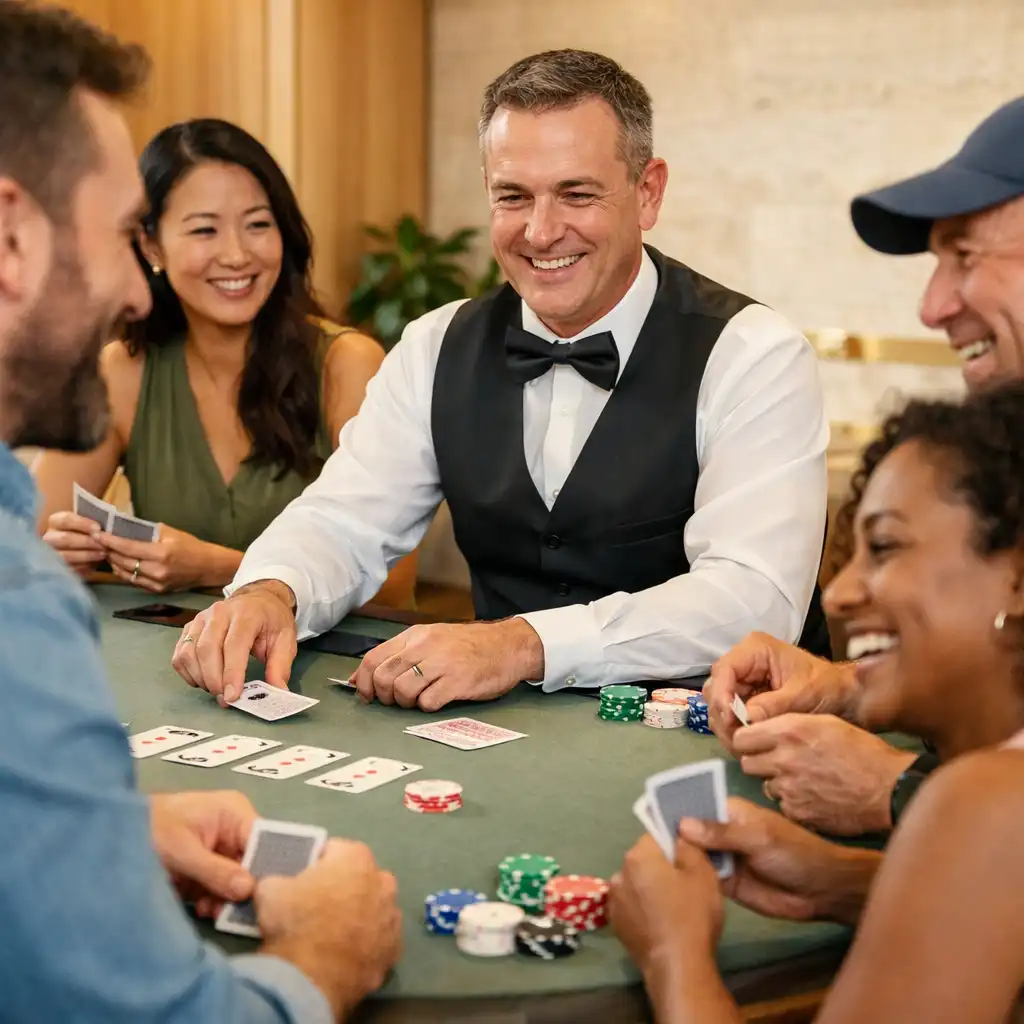 Adult guests enjoying a dealer-hosted social poker table at Marblean Dwillow