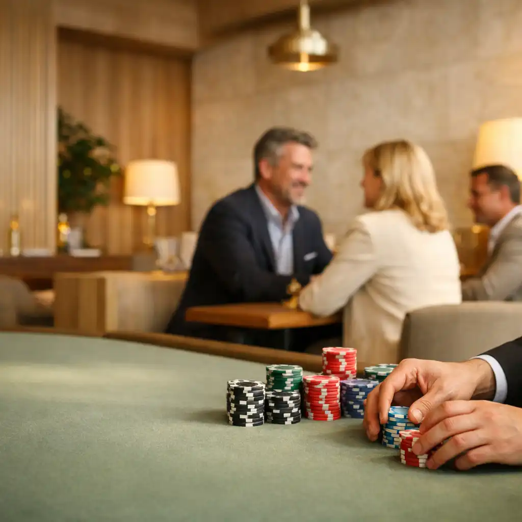 Dealer hands arranging tournament chips on a sage felt table in Marblean Dwillow's sunlit lounge