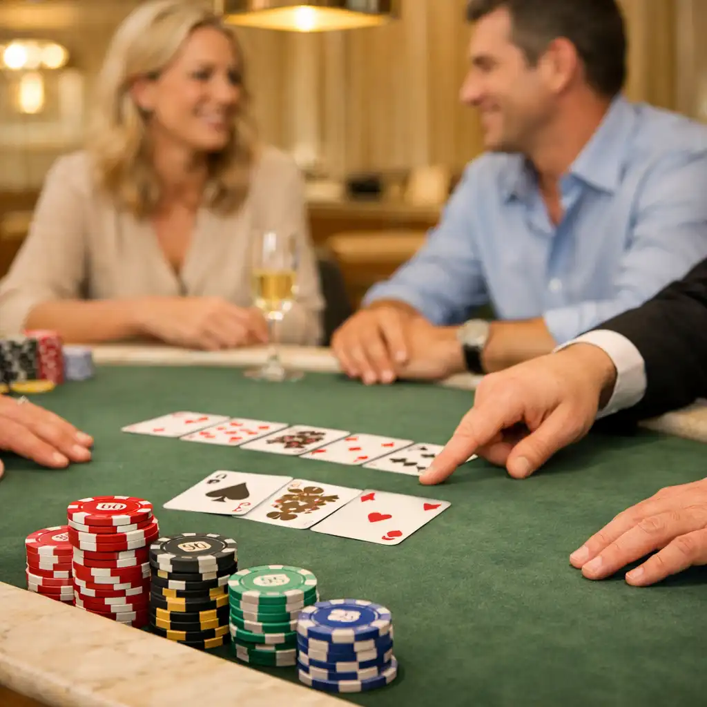 Respectful hands near neatly arranged tournament chip stacks at a hosted social poker table