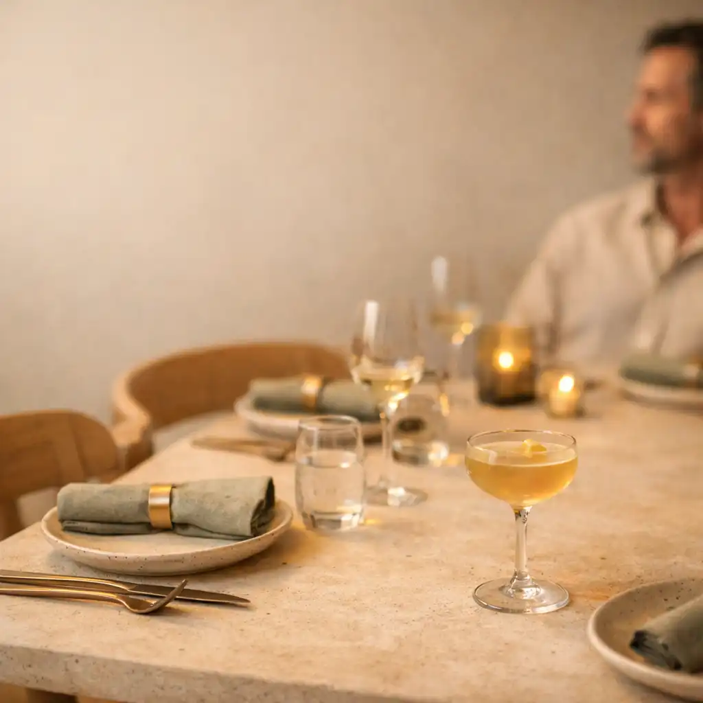 Contemporary dining table set with ceramic plates, linen and glassware at Marblean Dwillow