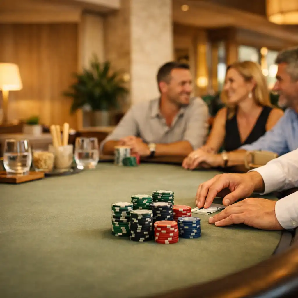 Dealer-hosted social poker table with sage felt and ceramic tournament chips.