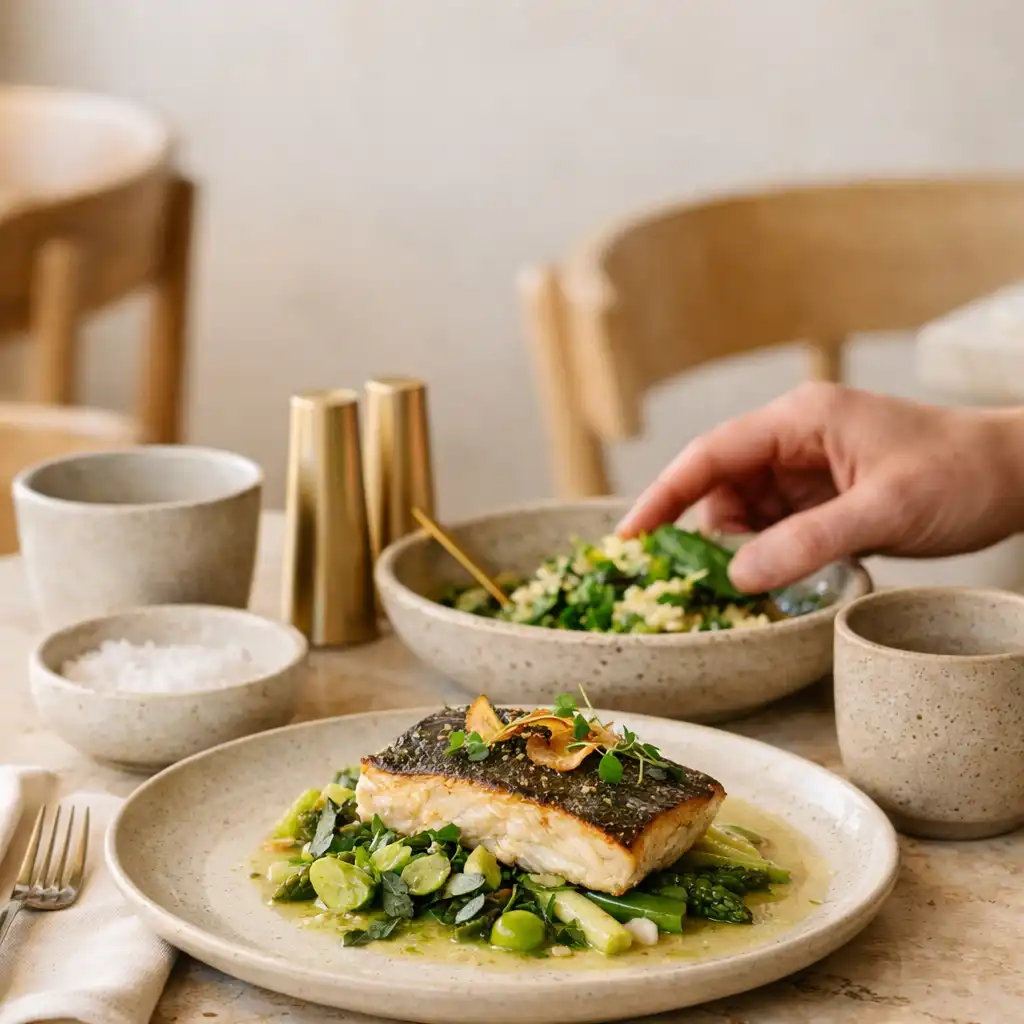 A plated seasonal dish on ceramic tableware at Marblean Dwillow.
