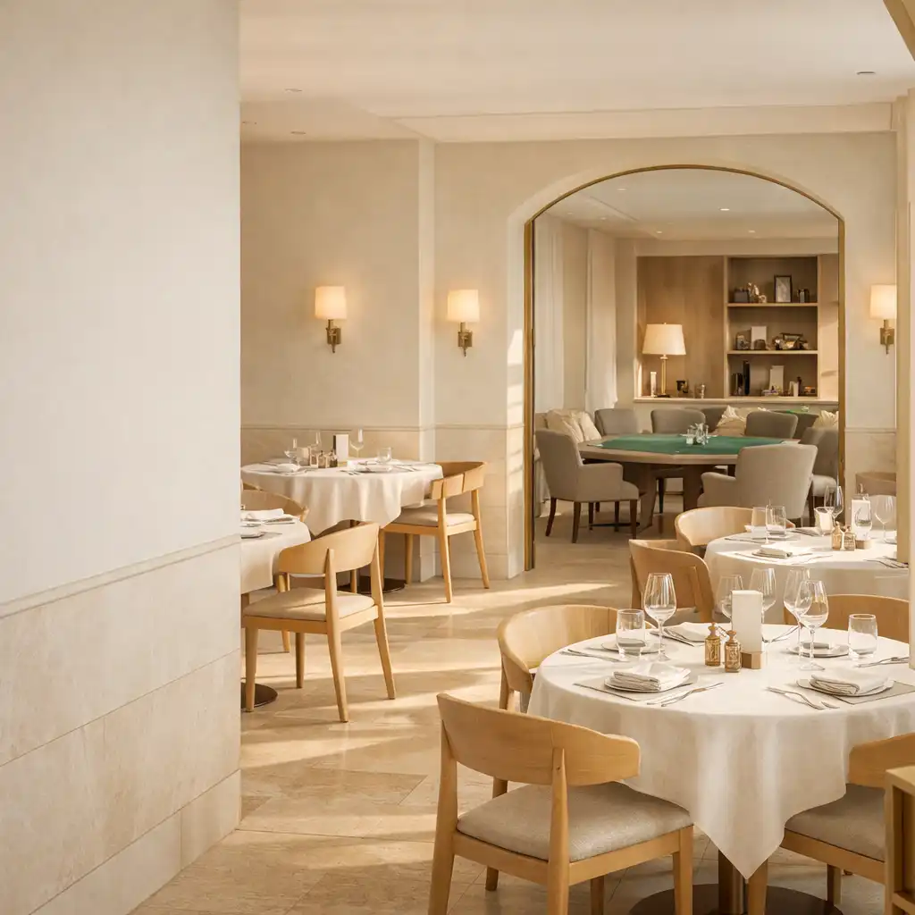 Sunlit Marblean Dwillow dining salon with pale stone, timber tables and a glimpse of sage felt.