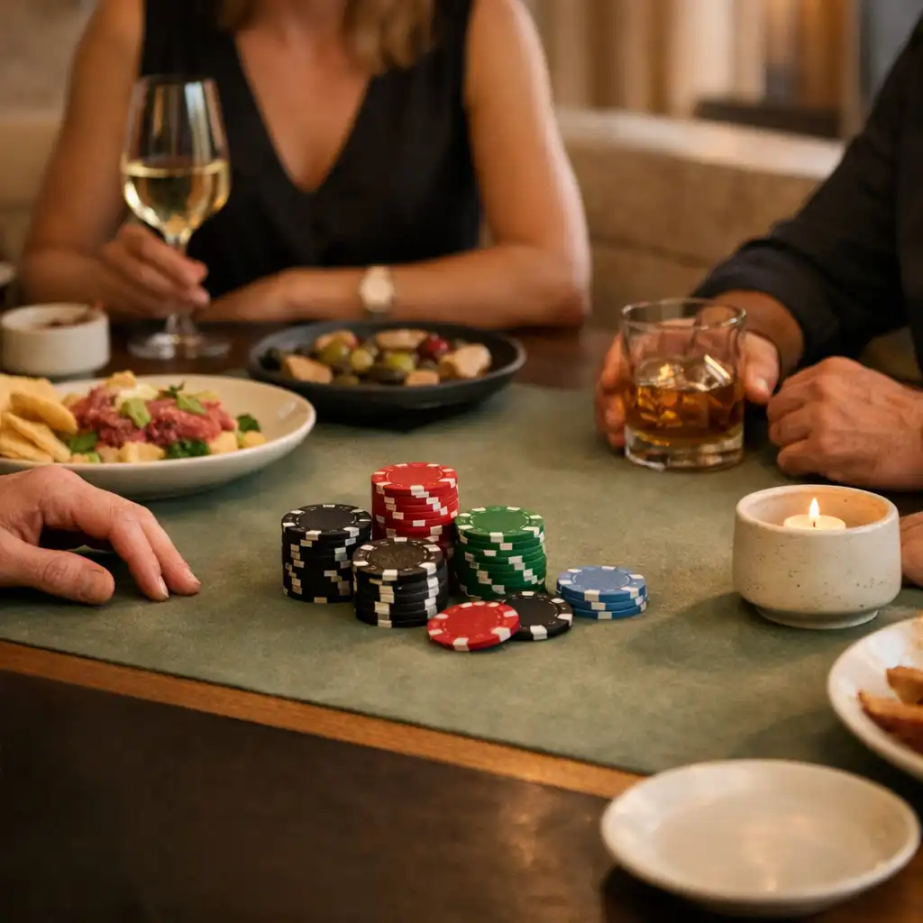 Friends sharing food and drinks at a table with ceramic tournament chips in the Marblean Dwillow lounge.
