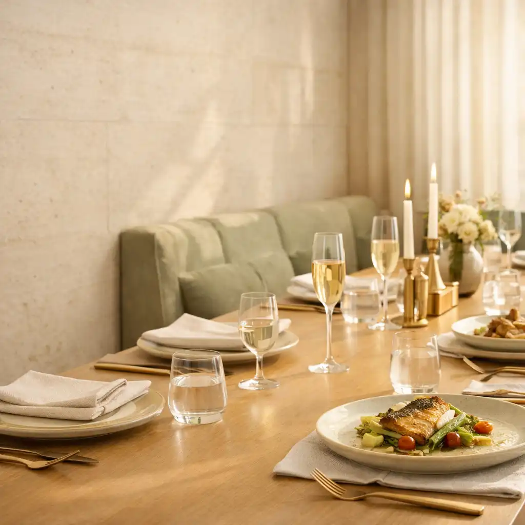 Sunlit private dining table with ceramic settings and seasonal dishes at Marblean Dwillow