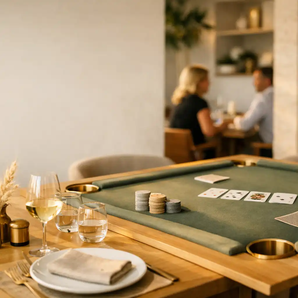 Sunlit dining table beside a muted sage felt card table with physical cards and ceramic tournament chips