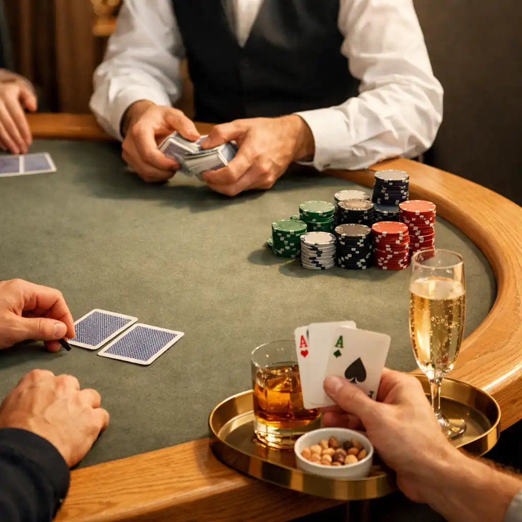 Dealer hands, ceramic tournament chips and table-side service on a sage-felt poker table