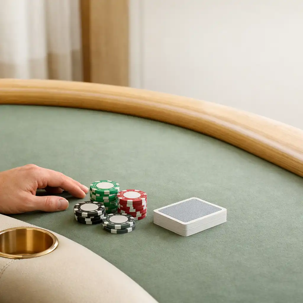 Sage felt, blonde timber rail, brass cup holder and ceramic tournament chips on a bespoke poker table