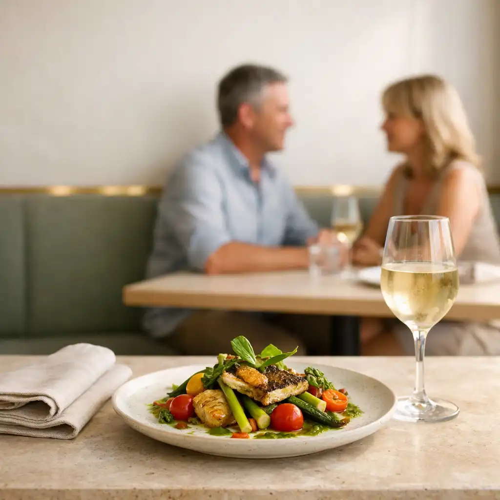 A seasonal plated main on a sunlit restaurant table with diners talking nearby