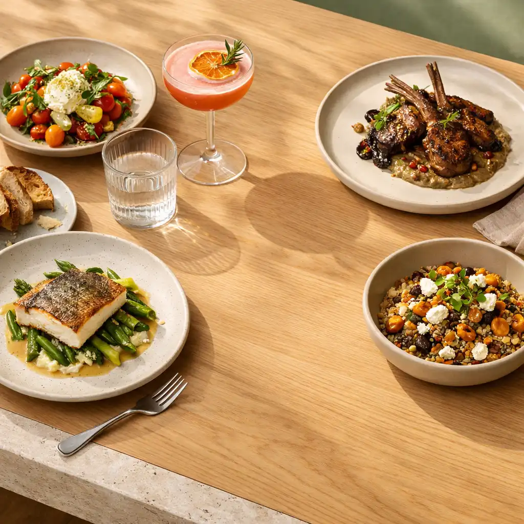 Seasonal plated dishes and a cocktail on a blonde timber dining table