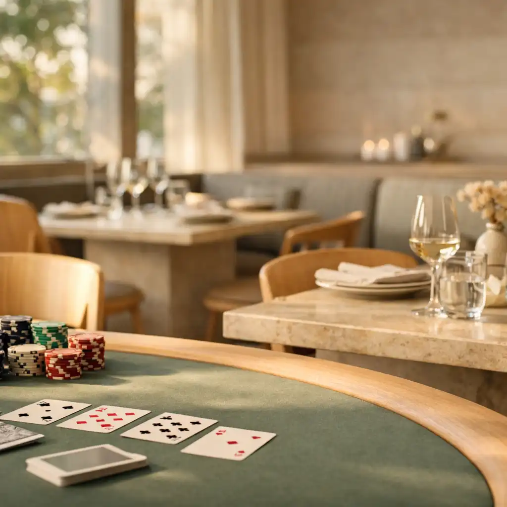 Blonde timber dining setting and muted sage felt card table in a sunlit restaurant lounge