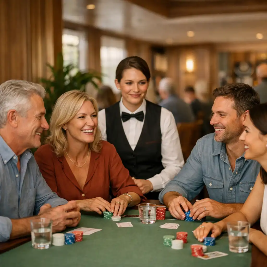 Friends talking around a dealer-hosted poker table in a sunlit lounge