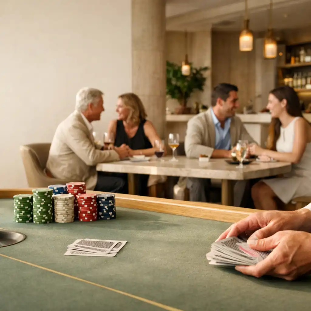 Adult guests and dealer hands around a sage felt poker table in Marblean Dwillow’s sunlit card lounge
