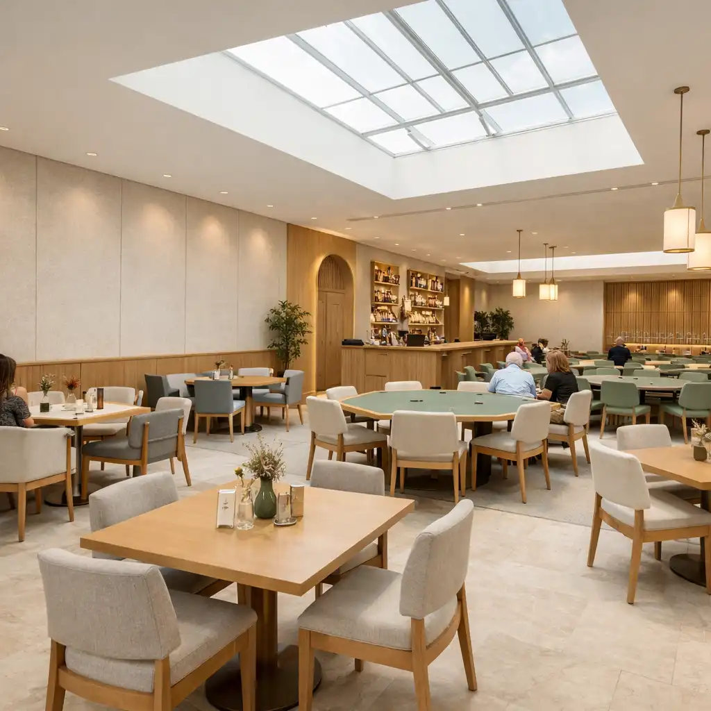 Airy interior with skylights, travertine flooring, blonde timber and dining seating