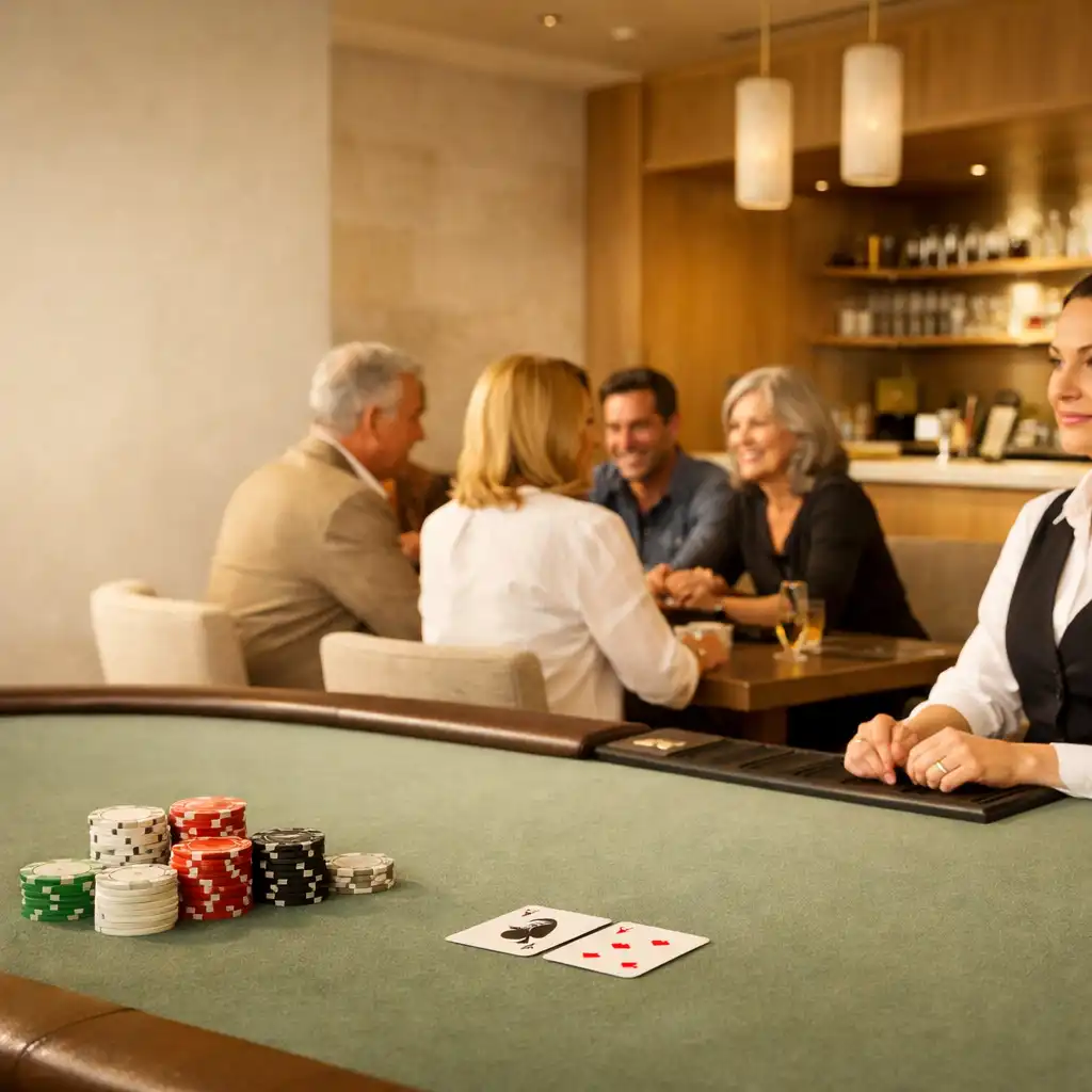 Dealer hosting a conversation-led poker table in Marblean Dwillow's sunlit card lounge